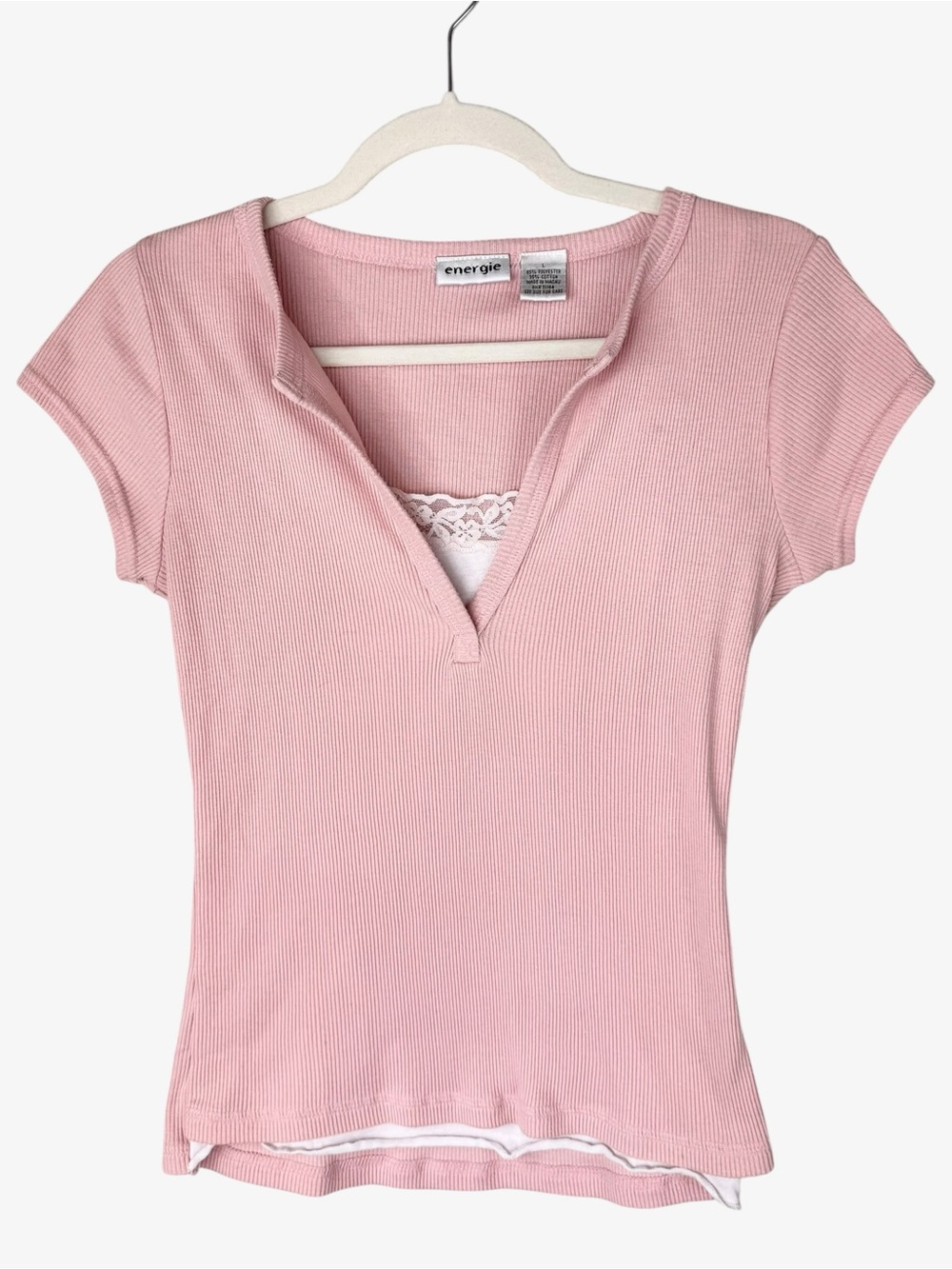 Y2K Coquette Energie Pink Ribbed Henley Top Size L Soft Girl Balletcore Vintage